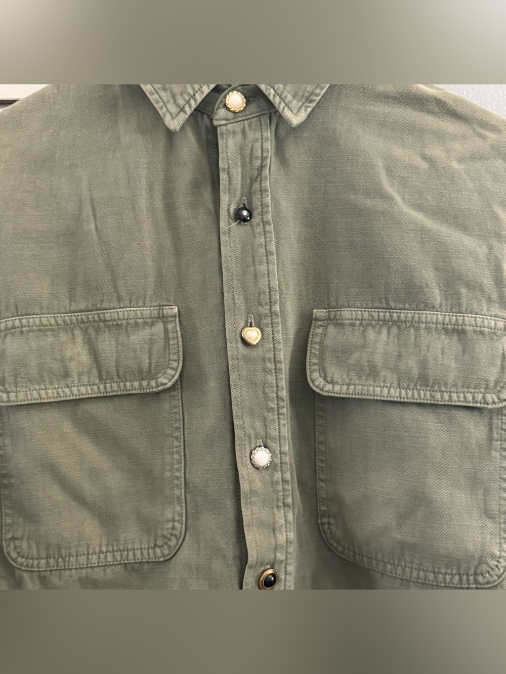 AMO Olive Green  Cropped Oversized Style Cotton Linen Button-Up Shirt - Picture 11 of 12